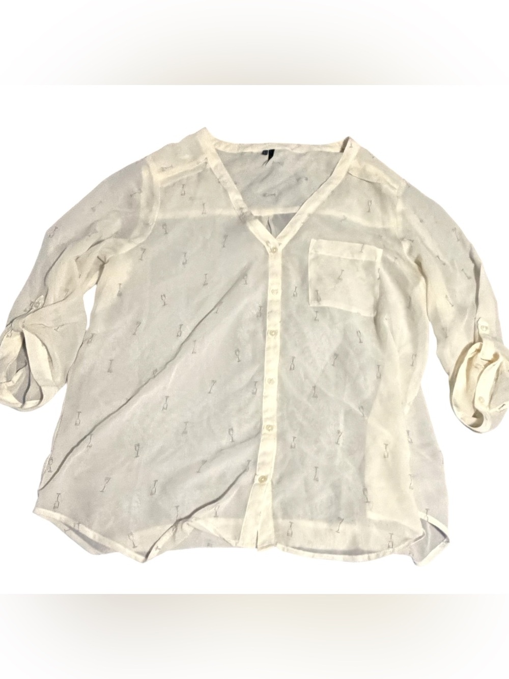 Maurices ~ Sheer Ivory Top ~ Wine & Martini Glass Pattern ~ Tie Up Sleeve Option